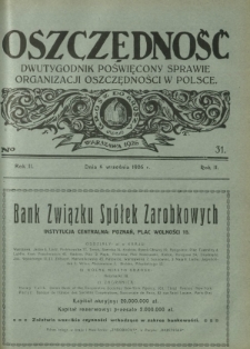 Oszczędność : tygodnik poświęcony sprawie organizacji oszczędności w Polsce. R. 2, nr 31 (6 września 1926)