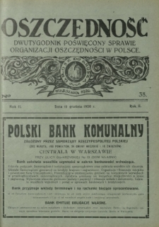 Oszczędność : tygodnik poświęcony sprawie organizacji oszczędności w Polsce. R. 2, nr 38 (13 grudnia 1926)