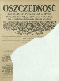 Oszczędność : dwutygodnik poświęcony sprawie organizacji oszczędności w Polsce. R. 4, nr 14 (31 lipca 1928)