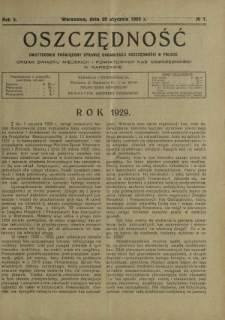 Oszczędność : dwutygodnik poświęcony sprawie organizacji oszczędności w Polsce. R. 5, nr 1 (20 stycznia 1929)