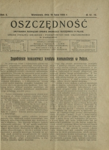Oszczędność : dwutygodnik poświęcony sprawie organizacji oszczędności w Polsce. R. 5, nr 12-13 (15 lipca 1929)
