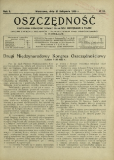 Oszczędność : dwutygodnik poświęcony sprawie organizacji oszczędności w Polsce. R. 5, nr 22 (30 listopada 1929)