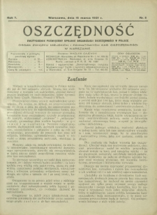 Oszczędność : dwutygodnik poświęcony sprawie organizacji oszczędności w Polsce. R. 7, nr 5 (15 marca 1931)