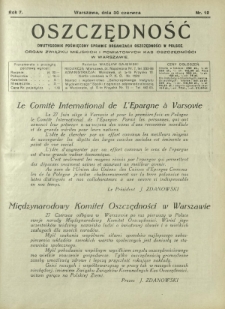 Oszczędność : dwutygodnik poświęcony sprawie organizacji oszczędności w Polsce. R. 7, nr 12 (30 czerwca 1931)