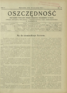 Oszczędność : dwutygodnik poświęcony sprawie organizacji oszczędności w Polsce. R. 7, nr 17 (15 września 1931)