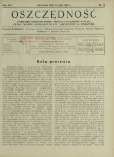 Oszczędność : dwutygodnik poświęcony sprawie organizacji oszczędności w Polsce. R.14, nr 10 (20 maja 1938)