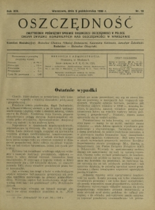 Oszczędność : dwutygodnik poświęcony sprawie organizacji oszczędności w Polsce. R.14, nr 19 (5 października 1938)