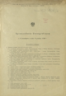 Sprawozdanie Stenograficzne z 4 Posiedzenia Sejmu Rzeczypospolitej w dniu 9 grudnia 1938 r. (V Kadencja 1938-1939)
