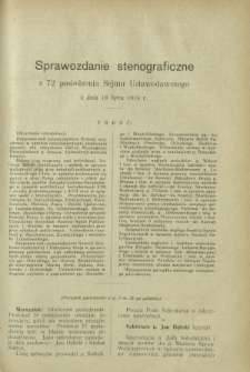 Sprawozdanie Stenograficzne z 72 Posiedzenia Sejmu Ustawodawczego z dnia 18 lipca 1919 r.