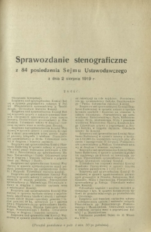 Sprawozdanie Stenograficzne z 84 Posiedzenia Sejmu Ustawodawczego z dnia 2 sierpnia 1919 r.