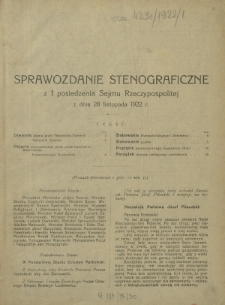 Sprawozdanie Stenograficzne z 1 Posiedzenia Sejmu Rzeczypospolitej z dnia 28 listopada 1922 r. (I Kadencja 1922-1927)