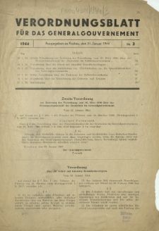 Verordnungsblatt für das Generalgouvernement / [hrsg. von dem Amt für Gesetzgebung in der Regierung des Generalgouverneurs]. 1944, Nr 3 (31 Januar)