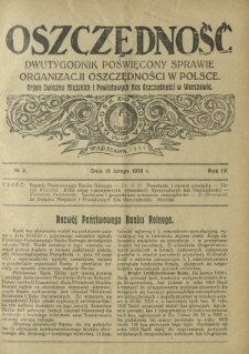 Oszczędność : dwutygodnik poświęcony sprawie organizacji oszczędności w Polsce. R. 4, nr 3 (15 lutego 1928)
