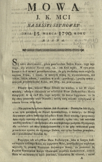 Mowa J. K. Mci Na Sessyi Seymowey Dnia 15. Marca 1790. Roku Miana