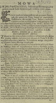 Mowa J. W. JMci Pana Czackiego, Podczaszego Koronnego, przy podawaniu do Laski Seymowey, die 6.8bris 1766. miana
