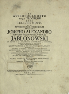 De Astronomiae Ortu Atque Progressu Et De Telluris Motu, Opus Astronomico-Historicum