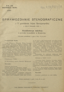Sprawozdanie Stenograficzne z 77 Posiedzenia Sejmu Rzeczypospolitej z dnia 9 listopada 1923 r.