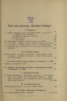 Ekonomista Polski T. 15 (1893). Treść tomu piętnastego "Ekonomisty Polskiego"