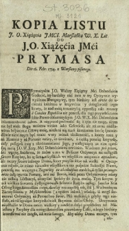Kopia Listu J. O. Xiążęcia Jmci Marßałka W. X. Lit. Do J. O. Xiążęcia Jmci Prymasa Die 16. Febr. 1754. z Warszawy pisanego
