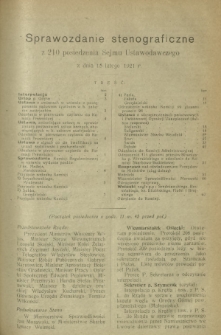 Sprawozdanie Stenograficzne z 210 Posiedzenia Sejmu Ustawodawczego z dnia 15 lutego 1921 r.