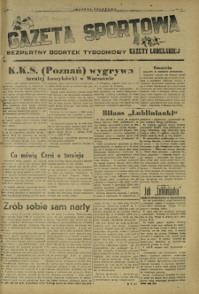 Gazeta Sportowa : bezpłatny dodatek tygodniowy Gazety Lubelskiej. Nr 1 (4 lutego 1946)