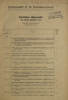 Verordnungsblatt für das Generalgouvernement = Dziennik Rozporządzeń dla Generalnego Gubernatorstwa. Zeitlische Ubersicht des ersten Halbjahrs 1942