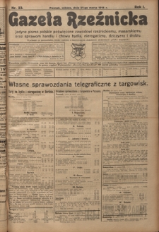 Gazeta Rzeźnicka : pierwsze i jedyne pismo polskie poświęcone zawodowi rzeźnickiemu oraz sprawom handlu i chowu bydła, nierogacizny, dziczyzny i drobiu / [red. Teodor Bobowski]. R. 1, Nr 23 (21 marca 1914)