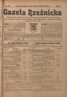 Gazeta Rzeźnicka : pierwsze i jedyne pismo polskie poświęcone zawodowi rzeźnickiemu oraz sprawom handlu i chowu bydła, nierogacizny, dziczyzny i drobiu / [red. Teodor Bobowski]. R. 1, Nr 87 (19 września 1914)