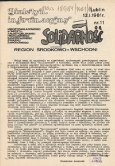 Biuletyn Informacyjny Międzyzakładowego Komitetu Założycielskiego Niezależnego Samorządnego Zwiazku Zawodowego "Solidarność" Region Środkowo-Wschodni Nr 11 (13 stycz. 1981)