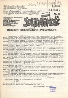 Biuletyn Informacyjny Międzyzakładowego Komitetu Założycielskiego Niezależnego Samorządnego Zwiazku Zawodowego "Solidarność" Region Środkowo-Wschodni Nr 12 (19 stycz. 1981)