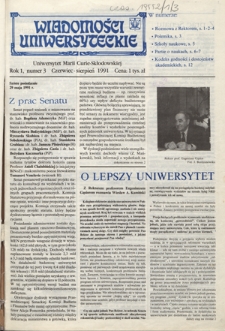 Wiadomości Uniwersyteckie / Uniwersytet Marii Curie-Skłodowskiej R. 1, nr 3 (czerwiec/sierpień 1991)