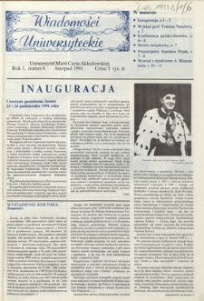 Wiadomości Uniwersyteckie / Uniwersytet Marii Curie-Skłodowskiej R. 1, nr 6 (listopad 1991)