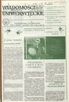 Wiadomości Uniwersyteckie / Uniwersytet Marii Curie-Skłodowskiej R. 1, nr 7 (grudzień 1991)