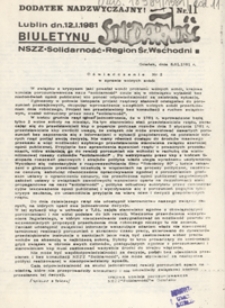 Dodatek Nadzwyczajny Biuletynu Infromacyjnego "Solidarność" Region Środkowo-Wschodni Nr 11 (12 stycz. 1981)