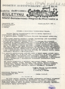 Dodatek Nadzwyczajny Biuletynu Infromacyjnego "Solidarność" Region Środkowo-Wschodni Nr 16 (30 stycz. 1981)