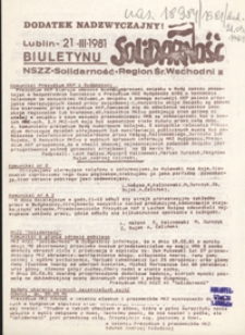 Dodatek Nadzwyczajny Biuletynu Infromacyjnego "Solidarność" Region Środkowo-Wschodni 21 marz. 1981