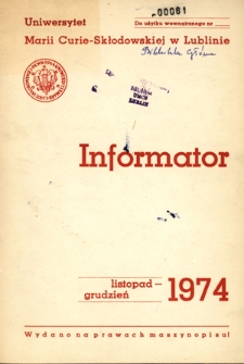 Informator / Uniwersytet Marii Curie-Skłodowskiej w Lublinie (listopad/grudzień 1974)
