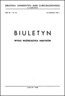 Biuletyn Biblioteki Uniwersytetu Marii Curie-Skłodowskiej w Lublinie. R. 15 (1967) nr 1-2