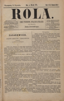 Rola : pismo tygodniowe, społeczno-literackie / pod red. Jana Jeleńskiego R. 6, Nr 2 (2/14 stycznia (1888)