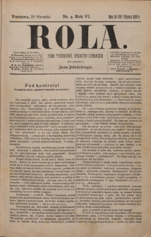 Rola : pismo tygodniowe, społeczno-literackie / pod red. Jana Jeleńskiego R. 6, Nr 4 (16/28 stycznia 1888)