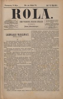 Rola : pismo tygodniowe, społeczno-literackie / pod red. Jana Jeleńskiego R. 6, Nr 20 (7/19 maja 1888)