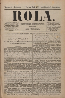 Rola : pismo tygodniowe, społeczno-literackie / pod red. Jana Jeleńskiego R. 7, Nr 44 (21 października/2listopada 1889)