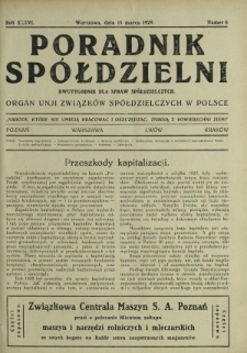 Poradnik Spółdzielni : dwutygodnik dla spraw spółdzielczych organ Unji Związków Spółdzielczych w Polsce. R. 36, nr 6 (15 marca 1929)