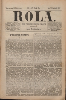Rola : pismo tygodniowe, społeczno-literackie T. 10, Nr 47 (19 listopada 1892)