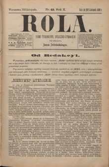 Rola : pismo tygodniowe, społeczno-literackie T. 10, Nr 48 (26 listopada 1892)