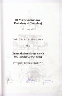 Koncerty lubelskie, [październik 1998 - czerwiec 1999] ; III Międzynarodowe Dni Muzyki Chóralnej, [Lublin], 11-13 czerwca 1999