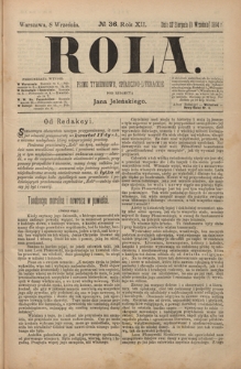 Rola : pismo tygodniowe, społeczno-literackie R. 12, nr 36 (27 sierpnia/8 września 1894)