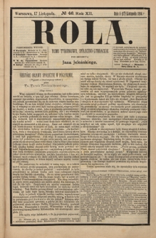Rola : pismo tygodniowe, społeczno-literackie R. 12, nr 46 (12/24 listopada 1894)