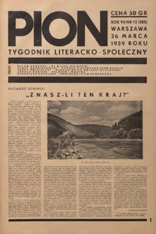 Pion : tygodnik literacko-społeczny R. 7, Nr 12=285 (26 marca 1939)
