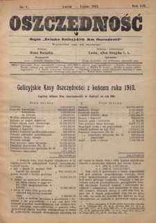 Oszczędność: organ Związku Galicyjskich Kas Oszczędności : wychodzi raz na miesiąc R. 8, nr 7 (lipiec 1912)